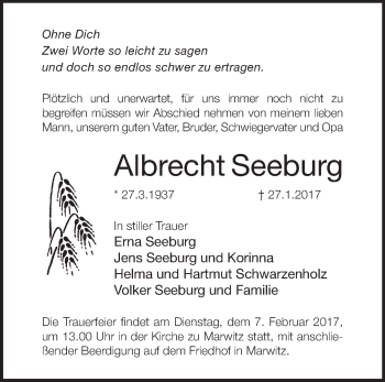 Traueranzeige von Albrecht Seeburg von Märkische Oderzeitung