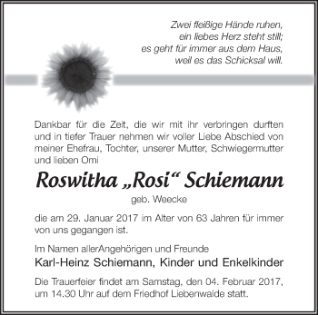 Traueranzeige von Roswitha Schiemann von Märkische Oderzeitung