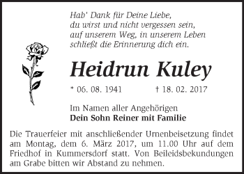 Traueranzeige von Heidrun Kuley von Märkische Oderzeitung