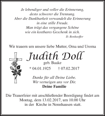 Traueranzeige von Judith Doll von Märkische Oderzeitung