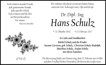 Traueranzeige von Hans Schulz von Märkische Oderzeitung