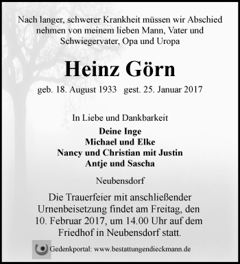 Traueranzeige von Heinz Görn von Märkische Oderzeitung