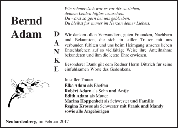 Traueranzeige von Bernd Adam von Märkische Oderzeitung