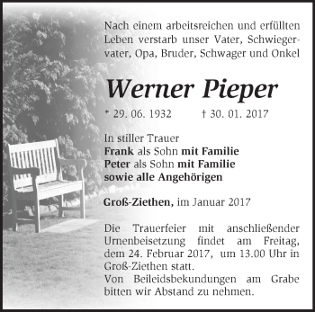 Traueranzeige von Werner Pieper von Märkische Oderzeitung