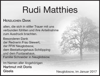 Traueranzeige von Rudi Matthies von Märkische Oderzeitung