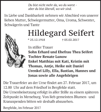 Traueranzeige von Hildegard Seifert von Märkische Oderzeitung