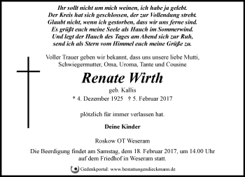 Traueranzeige von Renate Wirth von Märkische Oderzeitung