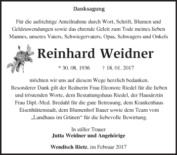 Traueranzeige von Reinhard Weidner von Märkische Oderzeitung