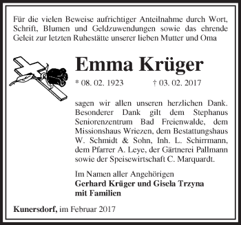 Traueranzeige von Emma Krüger von Märkische Oderzeitung