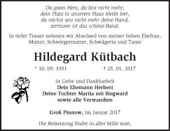 Traueranzeige von Hildegard Kütbach von Märkische Oderzeitung