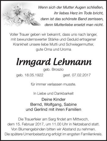 Traueranzeige von Irmgard Lehmann von Märkische Oderzeitung