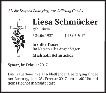 Traueranzeige von Liesa Schmücker von Märkische Oderzeitung