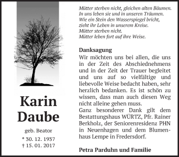 Traueranzeige von Karin Daube von Märkische Oderzeitung