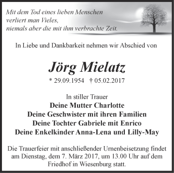 Traueranzeige von Jörg Mielatz von Märkische Oderzeitung