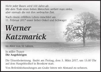Traueranzeige von Werner Katzmarick von Märkische Oderzeitung