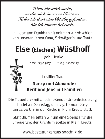 Traueranzeige von Else Wüsthoff von Märkische Oderzeitung