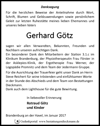 Traueranzeige von Gerhard Götz von Märkische Oderzeitung