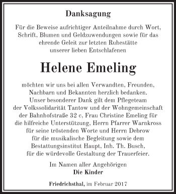 Traueranzeige von Helene Emeling von Märkische Oderzeitung