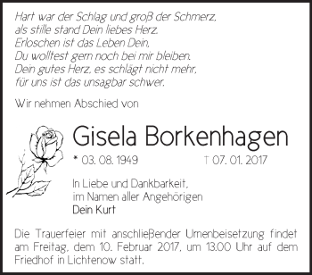 Traueranzeige von Gisela Borkenhagen von Märkische Oderzeitung