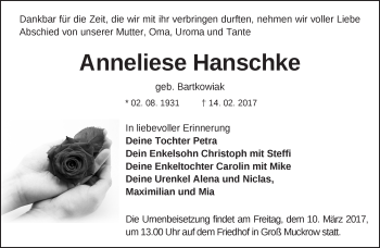 Traueranzeige von Anneliese Hanschke von Märkische Oderzeitung