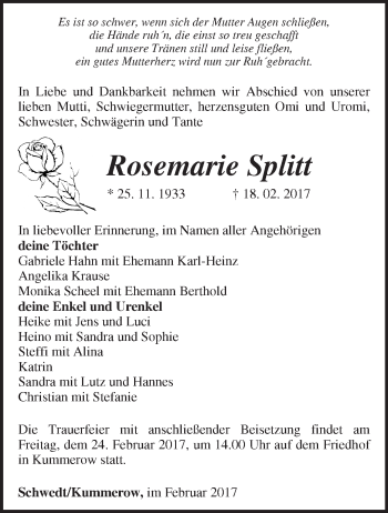 Traueranzeige von Rosemarie Splitt von Märkische Oderzeitung