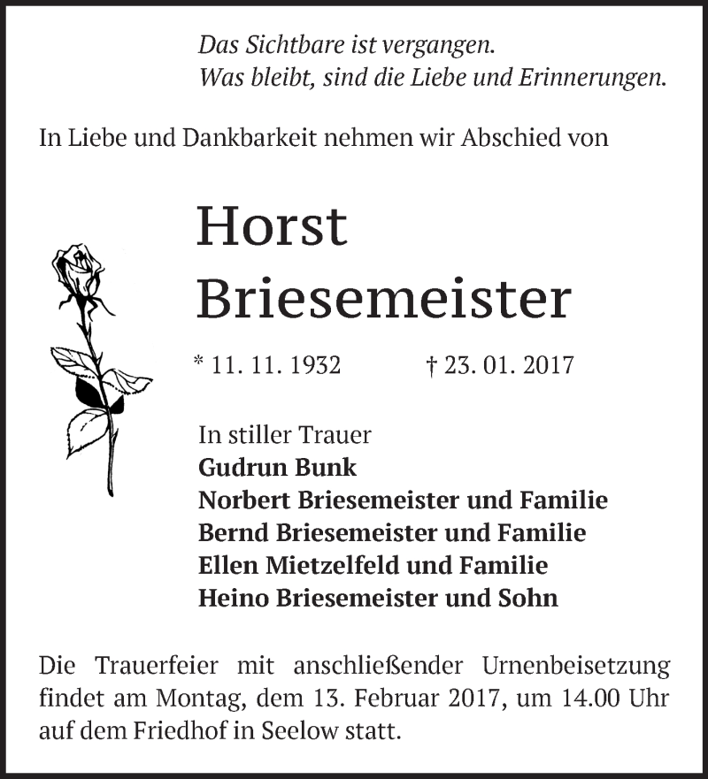  Traueranzeige für Horst Briesemeister vom 04.02.2017 aus Märkische Oderzeitung