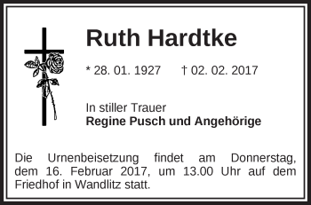 Traueranzeige von Ruth Hardtke von Märkische Oderzeitung