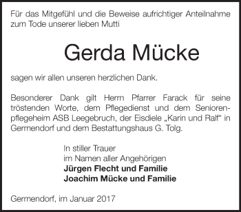 Traueranzeige von Gerda Mücke von Märkische Oderzeitung