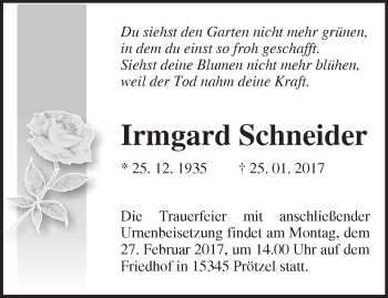 Traueranzeige von Irmgard Schneider von Märkische Oderzeitung