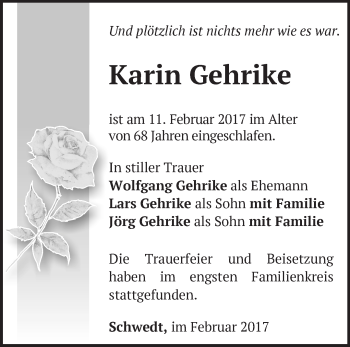Traueranzeige von Karin Gehrike von Märkische Oderzeitung