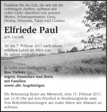 Traueranzeige von Elfriede Paul von Märkische Oderzeitung