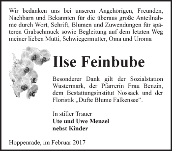 Traueranzeige von Ilse Feinbube von Märkische Oderzeitung