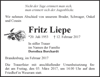 Traueranzeige von Fritz Liepe von Märkische Oderzeitung