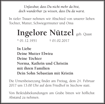 Traueranzeige von Ingelore Nützel von Märkische Oderzeitung