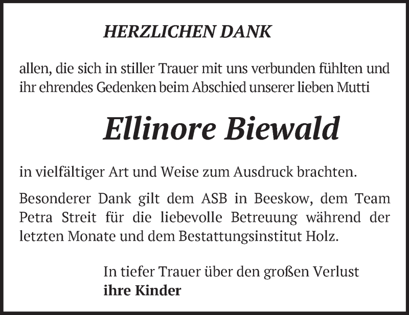  Traueranzeige für Ellinore Biewald vom 18.02.2017 aus Märkische Oderzeitung