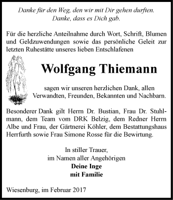 Traueranzeige von Wolfgang Thiemann von Märkische Oderzeitung