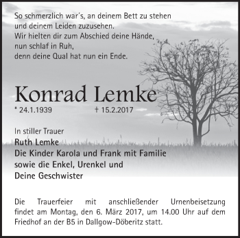 Traueranzeige von Konrad Lemke von Märkische Oderzeitung