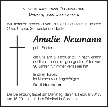 Traueranzeige von Amalie Neumann von Märkische Oderzeitung