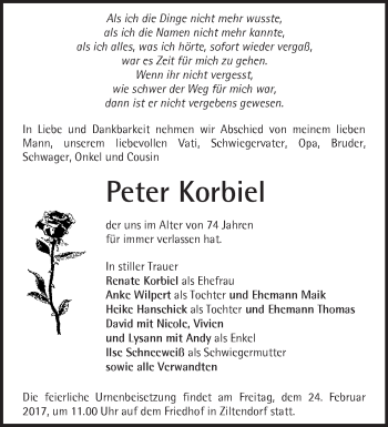 Traueranzeige von Peter Korbiel von Märkische Oderzeitung