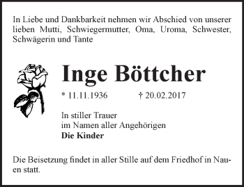 Traueranzeige von Inge Böttcher von Märkische Oderzeitung