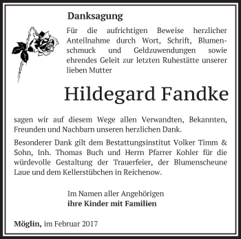 Traueranzeige von Hildegard Fandke von Märkische Oderzeitung