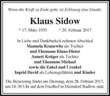 Traueranzeige von Klaus Sidow von Märkische Oderzeitung