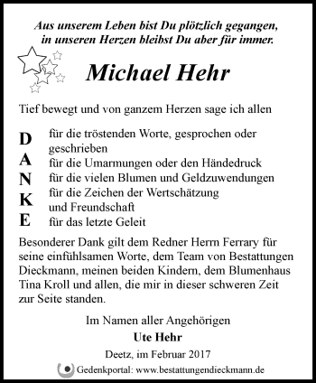 Traueranzeige von Michael Hehr von Märkische Oderzeitung