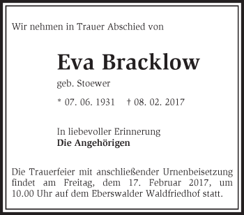 Traueranzeige von Eva Bracklow von Märkische Oderzeitung