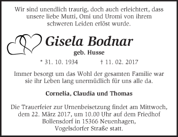 Traueranzeige von Gisela Bodnar von Märkische Oderzeitung