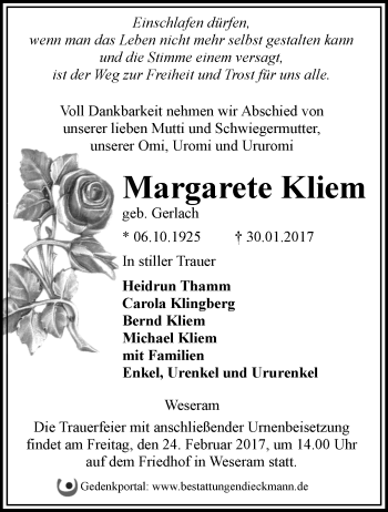 Traueranzeige von Margarete Kliem von Märkische Oderzeitung