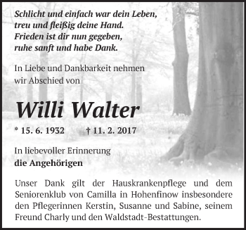 Traueranzeige von Willi Walter von Märkische Oderzeitung