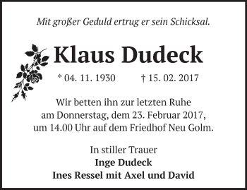 Traueranzeige von Klaus Dudeck von Märkische Oderzeitung