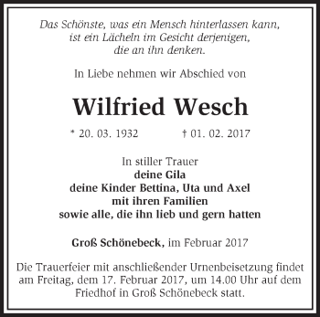 Traueranzeige von Wilfried Wesch von Märkische Oderzeitung