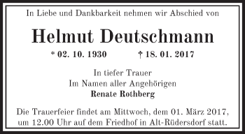 Traueranzeige von Helmut Deutschmann von Märkische Oderzeitung